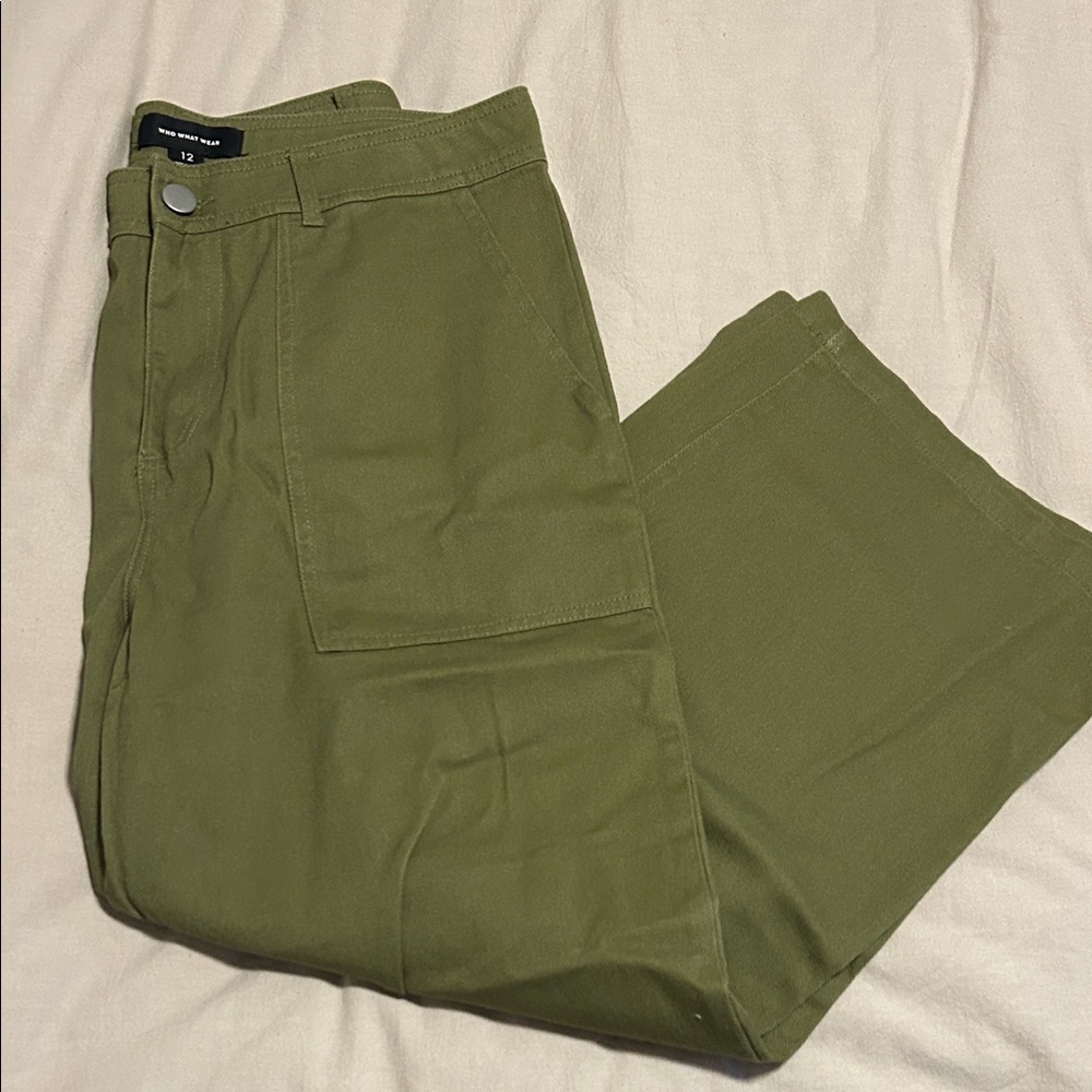 Who What Wear Olive Cargo Pants High Waist, Wide Leg, 100% Cotton